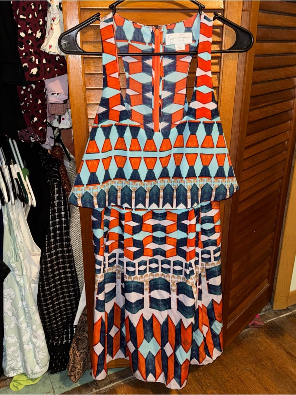 Jessica Simpson Orange, Navy & Teal Geometric Midi Dress